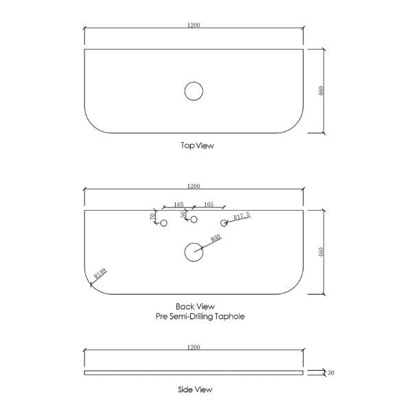 Technical Drawing Stone Top Otti Bondi 1200mm Wall Hung Curve Vanity Black Oak - The Blue Space 