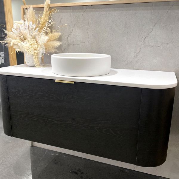 Otti Bondi 1200mm Wall Hung Curve Vanity Black Oak with Pure White Stone Top