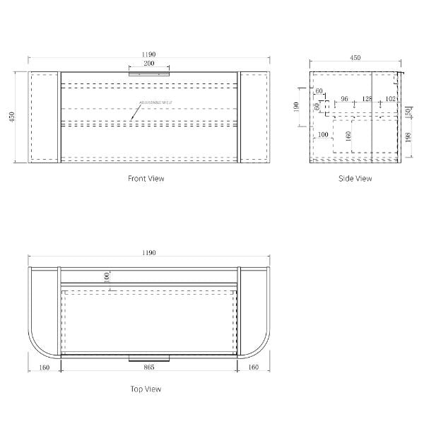 Technical Drawing Cabinet Otti Bondi 1200mm Wall Hung Curve Vanity Natural Oak - The Blue Space