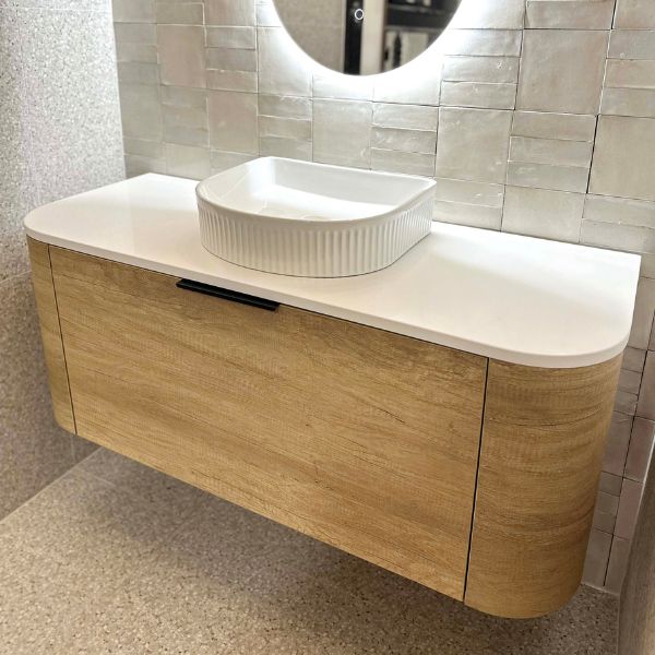 Otti Bondi 1200mm Wall Hung Curve Vanity Natural Oak with Cloudy Carrara Stone Top