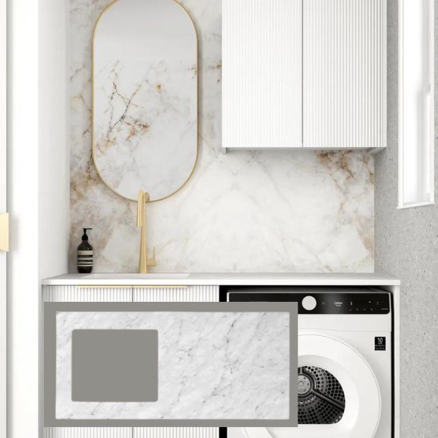 Otti Bondi 1305mm Fluted Laundry Set A - White with Natural Carrara Marble Stone Top LA-1305A-BOW-NCA - The Blue Space