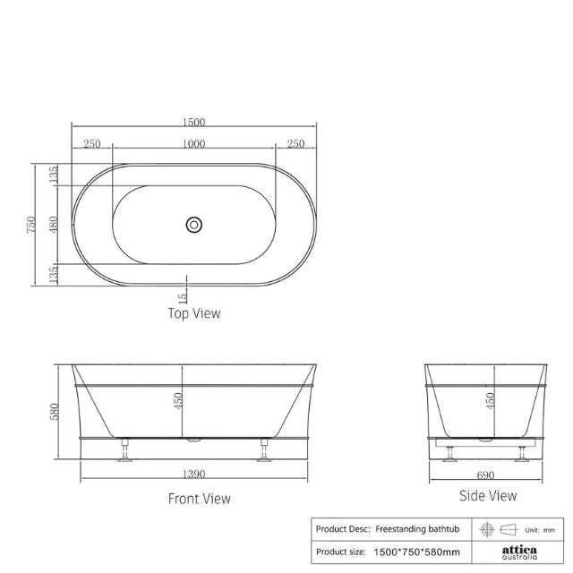 Technical Drawing Otti Bondi 1500 Freestanding Bath - Gloss White ABBT-1500 - The Blue Space