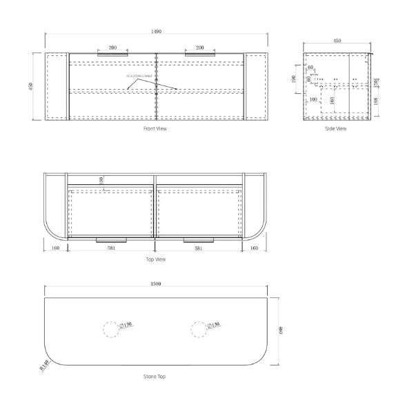 Technical Drawing Cabinet Otti Bondi 1500mm Fluted Wall Hung Curve Vanity Satin White - The Blue Space