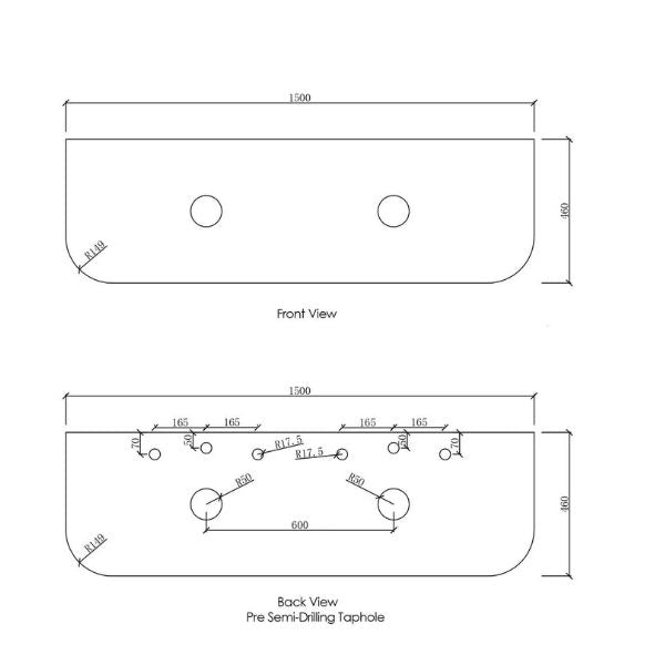 Technical Drawing Stone Top Otti Bondi 1500mm Fluted Wall Hung Curve Vanity Satin White - The Blue Space