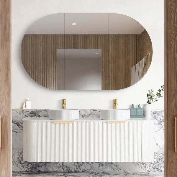 Otti Bondi 1500mm Fluted Wall Hung Curve Vanity Satin White with Pure White Stone Top
