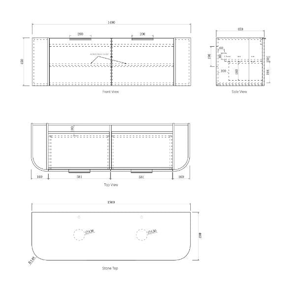 Technical Drawing Cabinet Otti Bondi 1500mm Wall Hung Curve Vanity Black Oak - The Blue Space