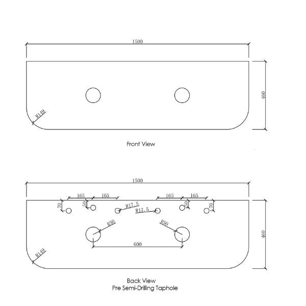 Technical Drawing Stone Top Otti Bondi 1500mm Wall Hung Curve Vanity Black Oak - The Blue Space