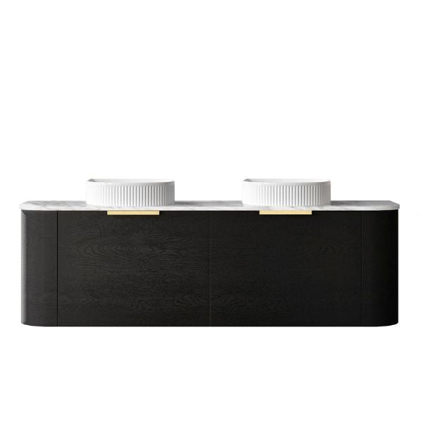 Otti Bondi 1500mm Wall Hung Curve Vanity Black Oak with Natural Carrara Marble Stone Top