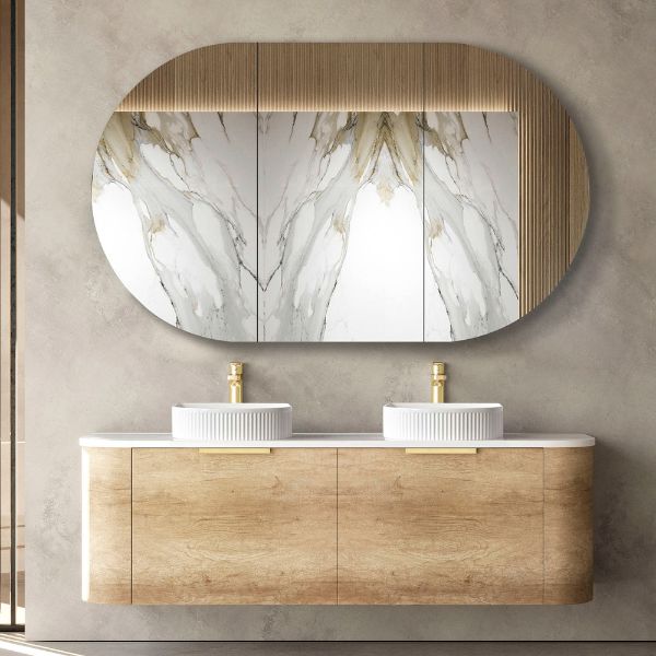 Otti Bondi 1500mm Wall Hung Curve Vanity Natural Oak with Pure White Stone Top