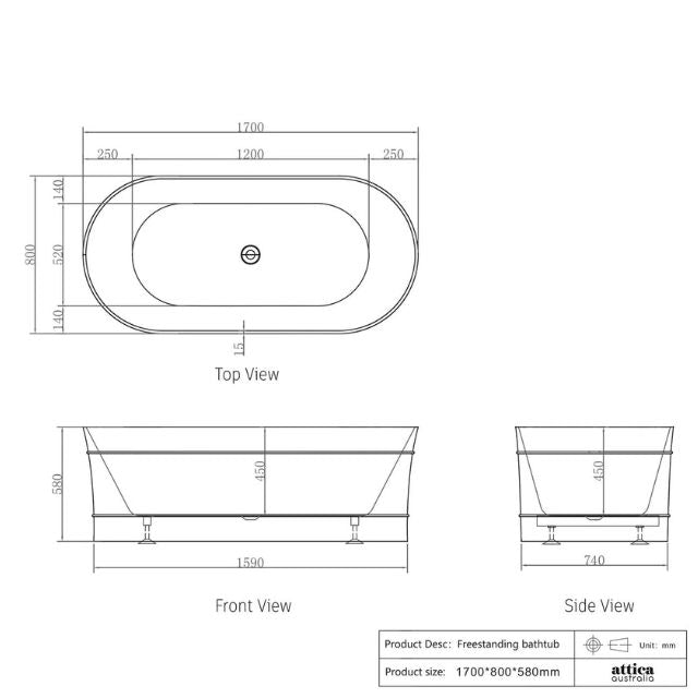 Technical Drawing Otti Bondi 1700 Freestanding Bath - Gloss White ABBT-1700 - The Blue Space