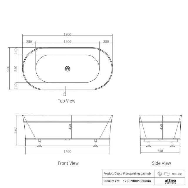 Technical Drawing Otti Bondi 1700 Freestanding Bath - Matte White ABBT-1700-MW - The Blue Space