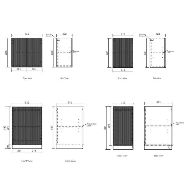 Technical Drawing of Fluted Floor Standing Cabinet and Fluted Wall Cabinet - Otti Bondi 1715mm Fluted Laundry Set A - White - The Blue Space