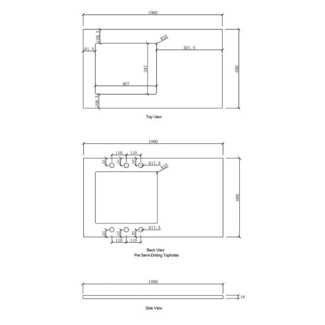 Technical Drawing Stone Top Otti Bondi 1715mm Fluted Laundry Set A - White - The Blue Space