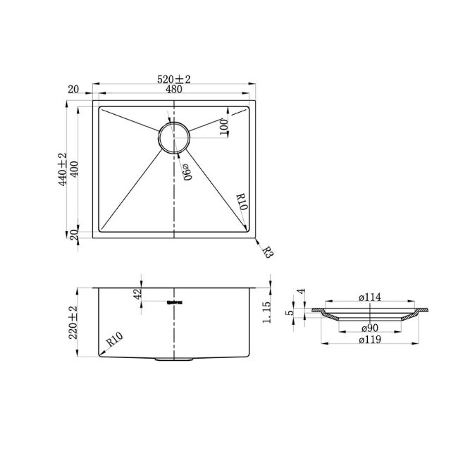 Technical Drawing Laundry Sink of Otti Bondi 1715mm Fluted Laundry Set C - White - The Blue Space