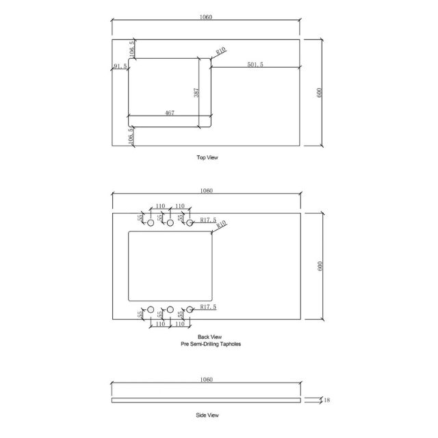 Technical Drawing Stone Top of Otti Bondi 1715mm Fluted Laundry Set C - White - The Blue Space