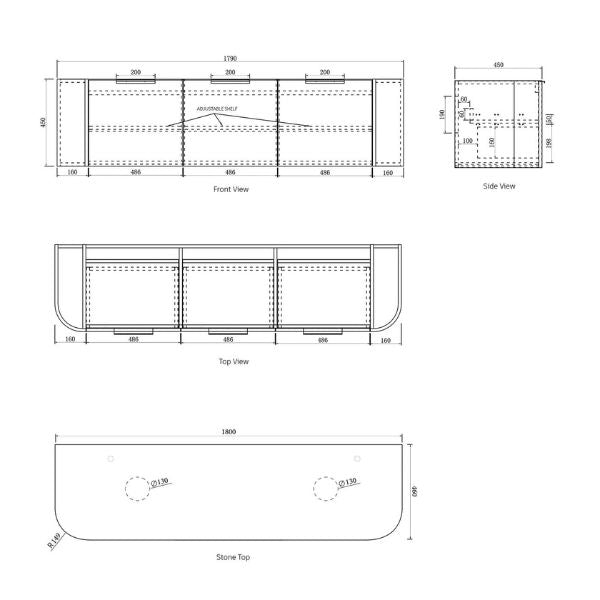 Technical Drawing Cabinet Otti Bondi 1800mm Fluted Wall Hung Curve Vanity Satin White - The Blue Space