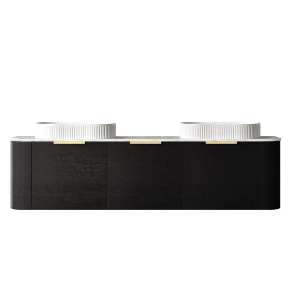 Otti Bondi 1800mm Wall Hung Curve Vanity Black Oak with Natural Carrara Marble Stone Top