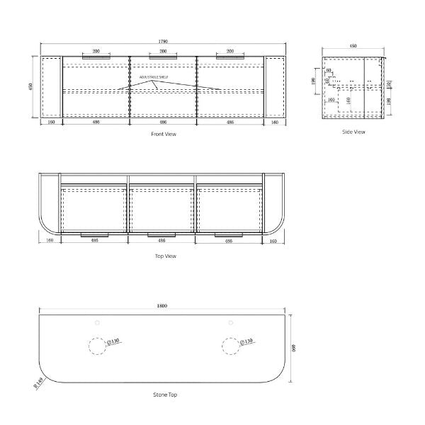 Technical Drawing Cabinet Otti Bondi 1800mm Wall Hung Curve Vanity Natural Oak - The Blue Space