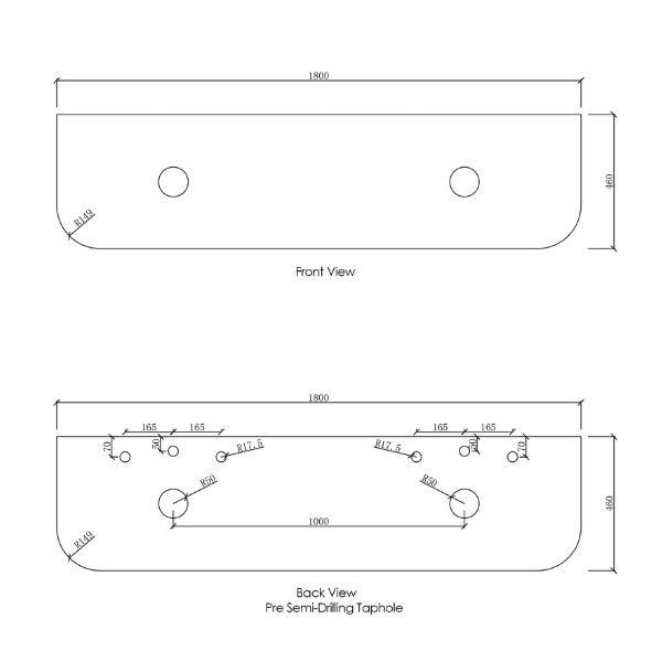 Technical Drawing Stone Top Otti Bondi 1800mm Wall Hung Curve Vanity Natural Oak - The Blue Space 