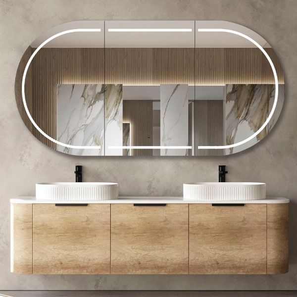 Otti Bondi 1800mm Wall Hung Curve Vanity Natural Oak with Cloudy Carrara Stone Top