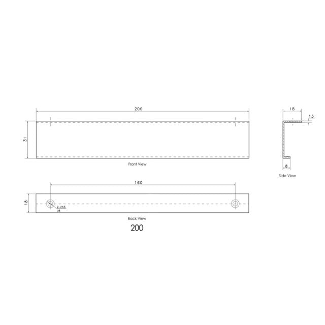 Technical Drawing for Otti Bondi 200mm Brushed Gold Handle For  750, 900, 1200, 1500, 1800 Cabinets