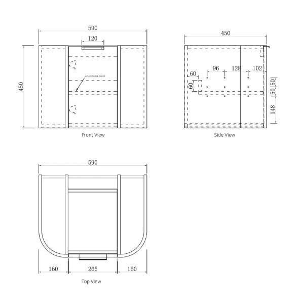 Technical Drawing Cabinet Otti Bondi 600mm Fluted Wall Hung Curve Vanity Satin White - The Blue Space