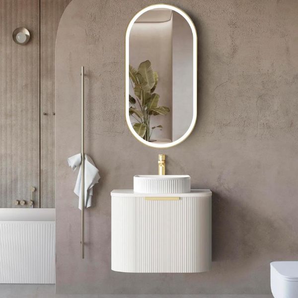 Otti Bondi 600mm Fluted Wall Hung Curve Vanity Satin White with Pure White Stone Top