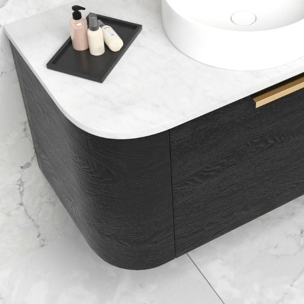 Otti Bondi 600mm Wall Hung Curve Vanity Black Oak with Cloudy Carrara Stone Top