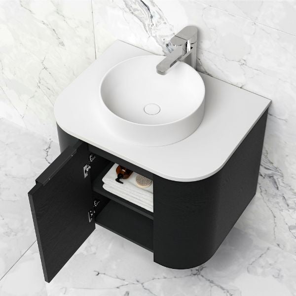 Otti Bondi 600mm Wall Hung Curve Vanity Black Oak with Pure White Stone Top