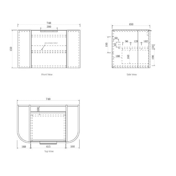 Technical Drawing Cabinet Otti Bondi 750mm Fluted Wall Hung Curve Vanity Satin White - The Blue Space 