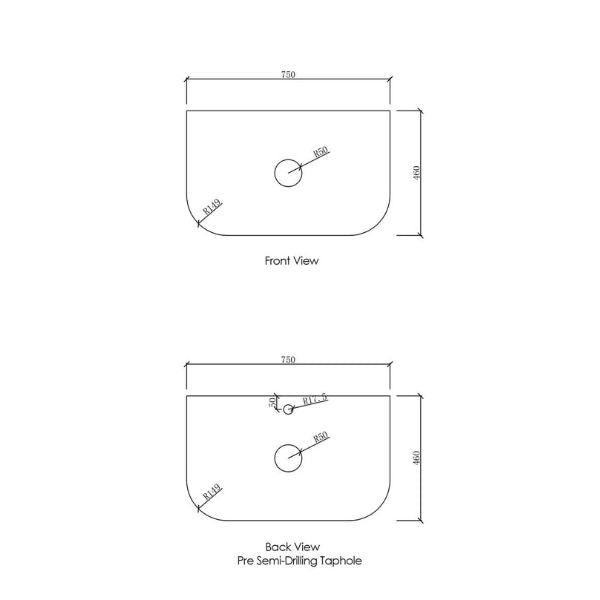 Technical Drawing Stone Top Otti Bondi 750mm Fluted Wall Hung Curve Vanity Satin White - The Blue Space