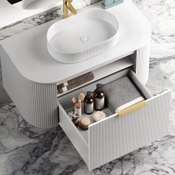 Otti Bondi 750mm Fluted Wall Hung Curve Vanity Satin White with Pure White Stone Top