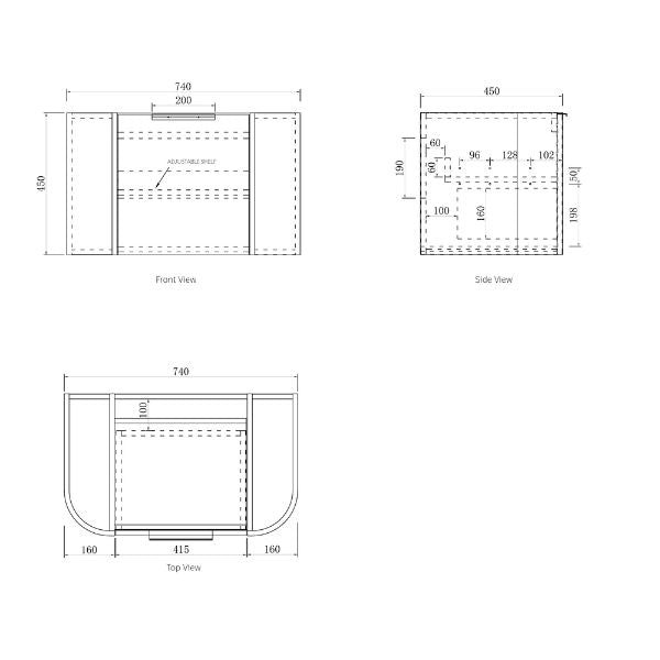 Technical Drawing Cabinet Otti Bondi 750mm Wall Hung Curve Vanity Black Oak - The Blue Space