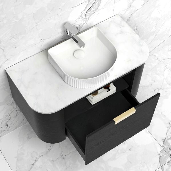 Otti Bondi 750mm Wall Hung Curve Vanity Black Oak with Cloudy Carrara Stone Top