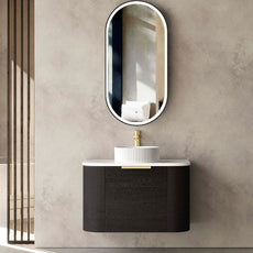 Otti Bondi 750mm Wall Hung Curve Vanity Black Oak with Pure White Stone Top