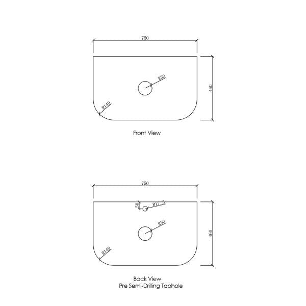 Technical Drawing Stone Top Otti Bondi 750mm Wall Hung Curve Vanity Natural Oak - The Blue Space 