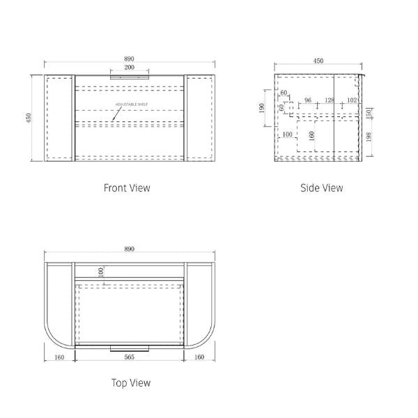 Technical Drawing Cabinet Otti Bondi 900mm Fluted Wall Hung Curve Vanity Satin White - The Blue Space