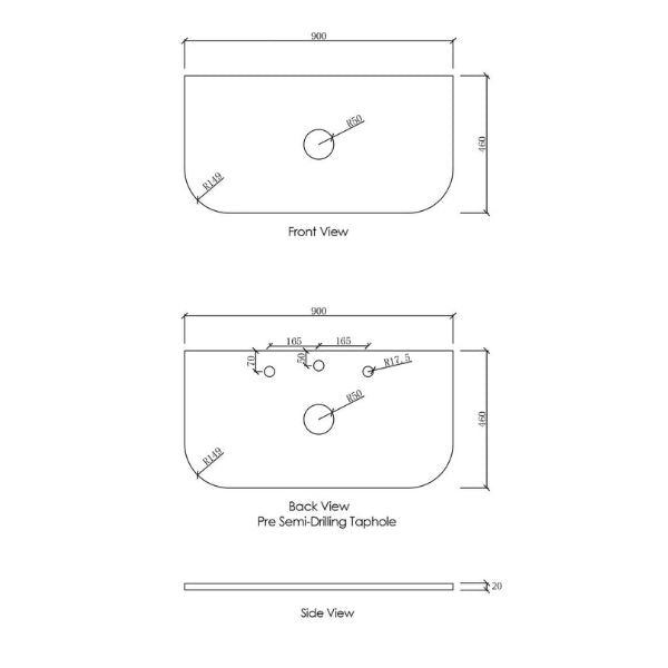 Technical Drawing Stone Top Otti Bondi 900mm Fluted Wall Hung Curve Vanity Satin White - The Blue Space