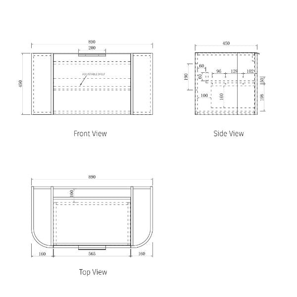 Technical Drawing Cabinet Otti Bondi 900mm Wall Hung Curve Vanity Natural Oak - The Blue Space