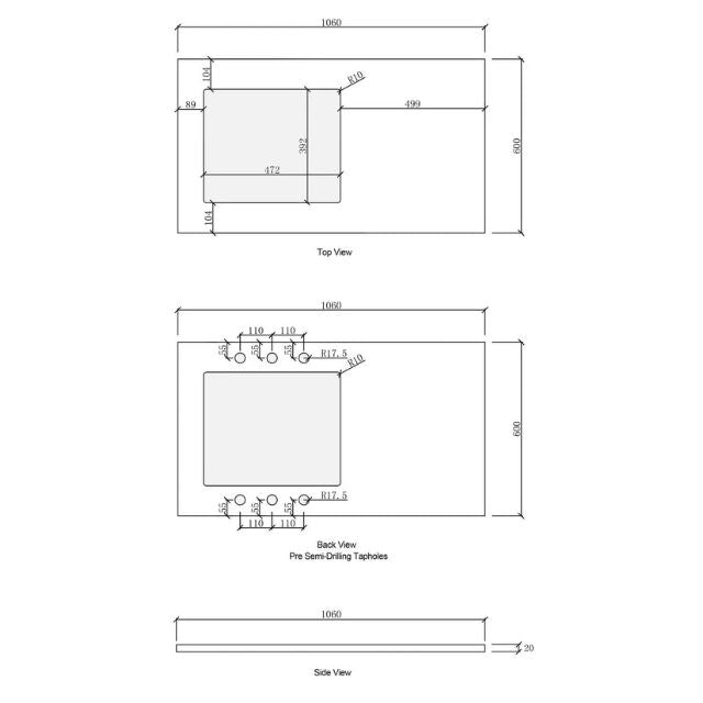 Technical Drawing Stone Top for Otti Bondi White 1060mm Fluted Laundry Cabinet Set - The Blue Space