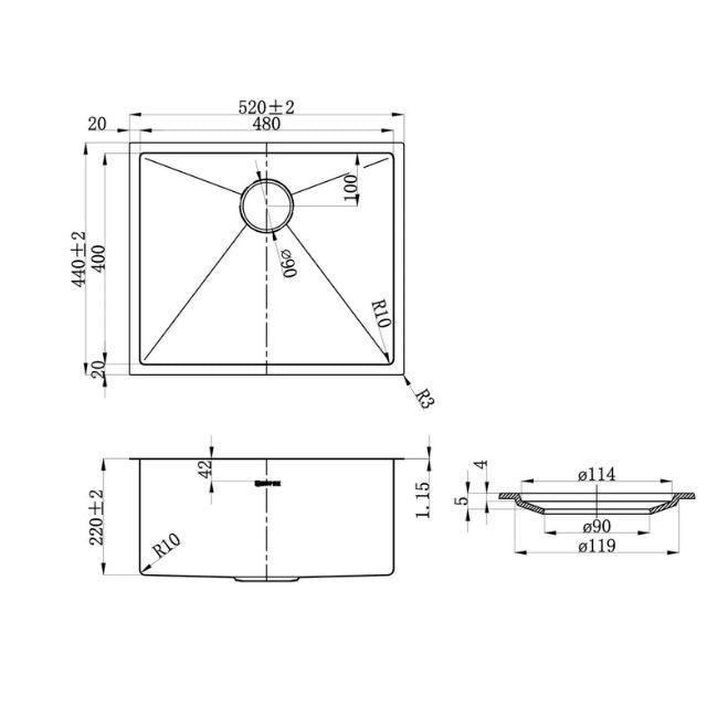 Technical Drawing Laundry Sink for Otti Bondi White 650mm Fluted Mini Laundry Cabinet Set - The Blue Space