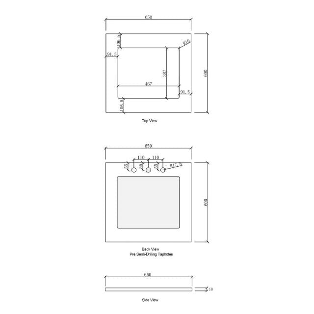 Technical Drawing Stone Top for Otti Bondi White 650mm Fluted Mini Laundry Cabinet Set - The Blue Space