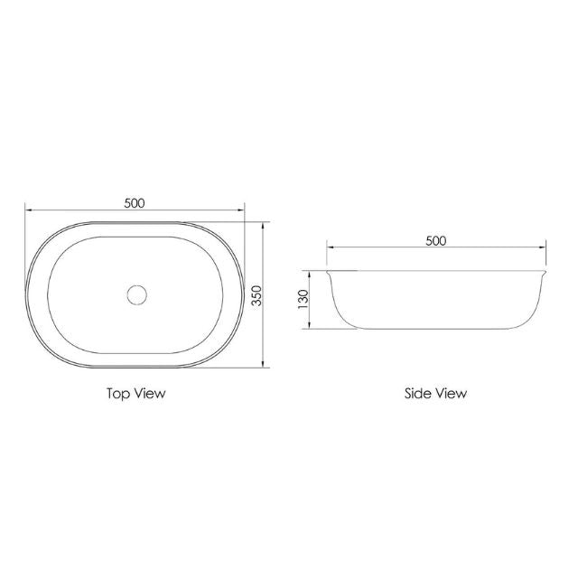 Technical Drawing Otti Bronte Oval 500 x 350 Above Counter Basin - Gloss White OT5036 - The Blue Space