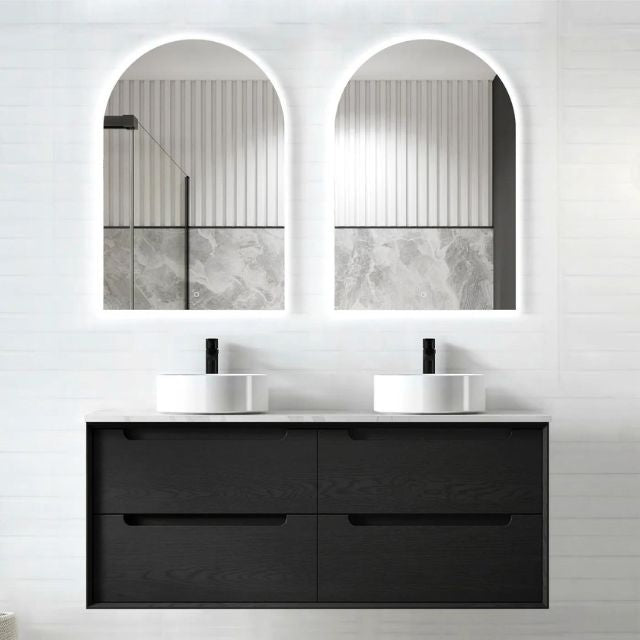 Otti Byron 1200mm Wall Hung Vanity Black Oak With Cloudy Carrara Stone Top for Double Bowl Above Counter Basin BY1200BSTUD-CAD - The Blue Space