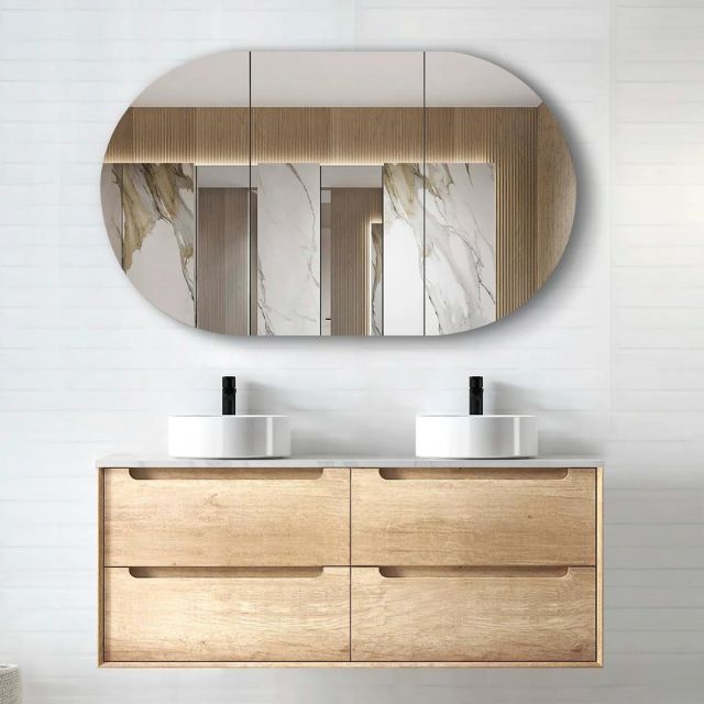Otti Byron 1200mm Wall Hung Vanity Natural Oak With Cloudy Carrara Stone Top for Double Bowl Above Counter Basin BY1200NSTUD-CAD - The Blue Space