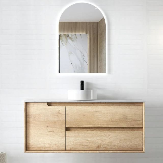 Otti Byron 1200mm Wall Hung Vanity Natural Oak With Cloudy Carrara Stone Top for Single Bowl Above Counter Basin BY1200NSTUD-CA - The Blue Space