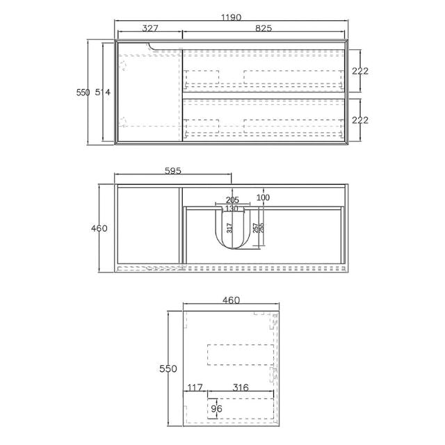 Technical Drawing Otti Byron 1200mm Wall Hung Vanity with Stone Top for Single Centre Bowl Above Counter Basin - The Blue Space