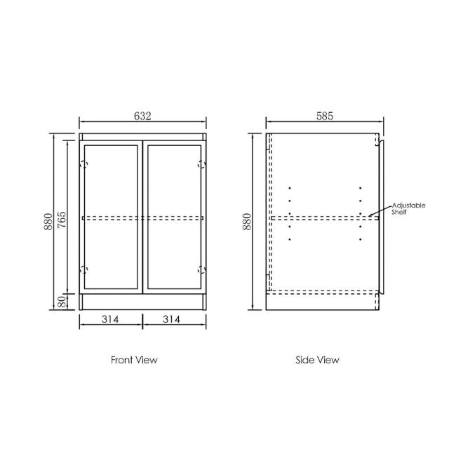 Technical Drawing Floor Standing Cabinet for Otti Byron 1305mm Laundry Set A - Natural Oak - The Blue Space