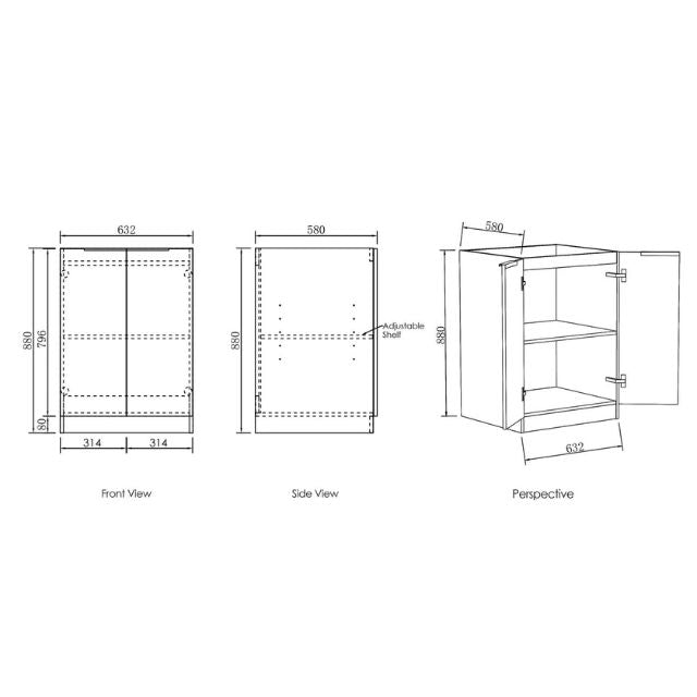 Technical Drawing Floor Standing Cabinet for Otti Byron 1305mm Laundry Set C - Black Oak - The Blue Space