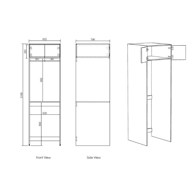 Technical Drawing Tall Washing Machine Cabinet for Otti Byron 1305mm Laundry Set C - Black Oak - The Blue Space